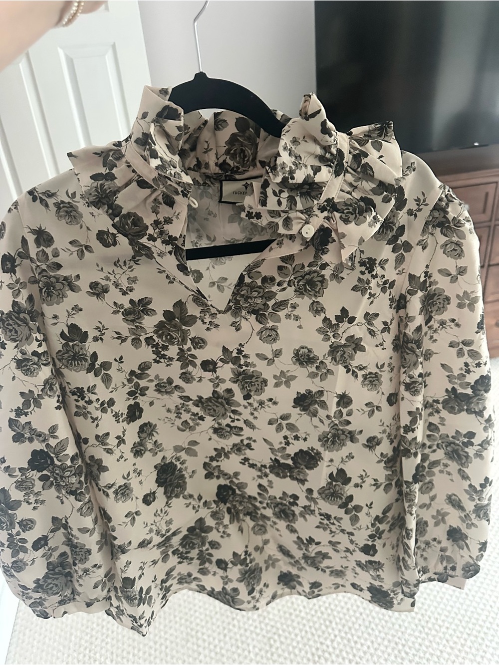 Tuckernuck Ruffled Neck Floral Blouse in Cream